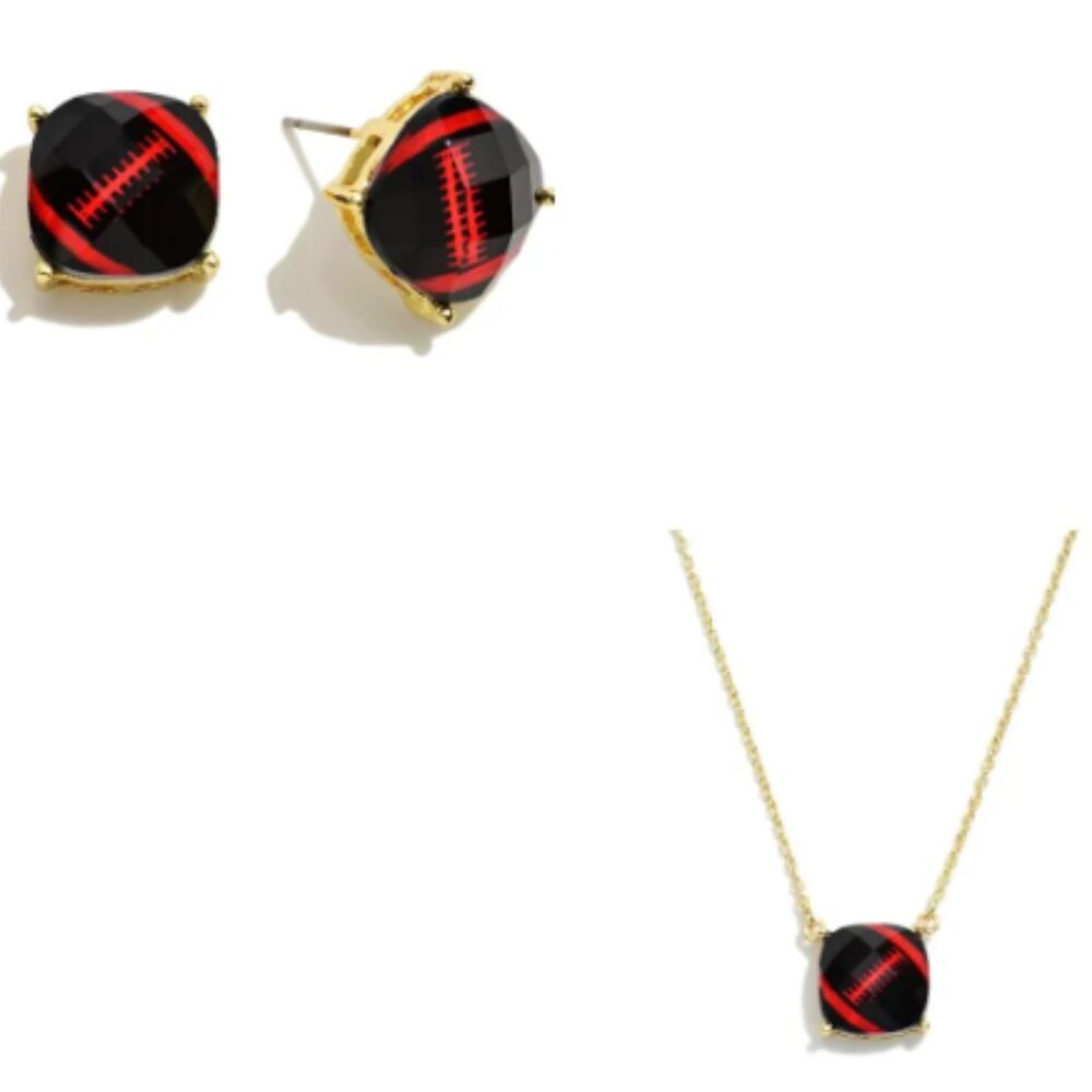 Black and Red Football Crystal Earring and Necklace Set - Football Jewelry -